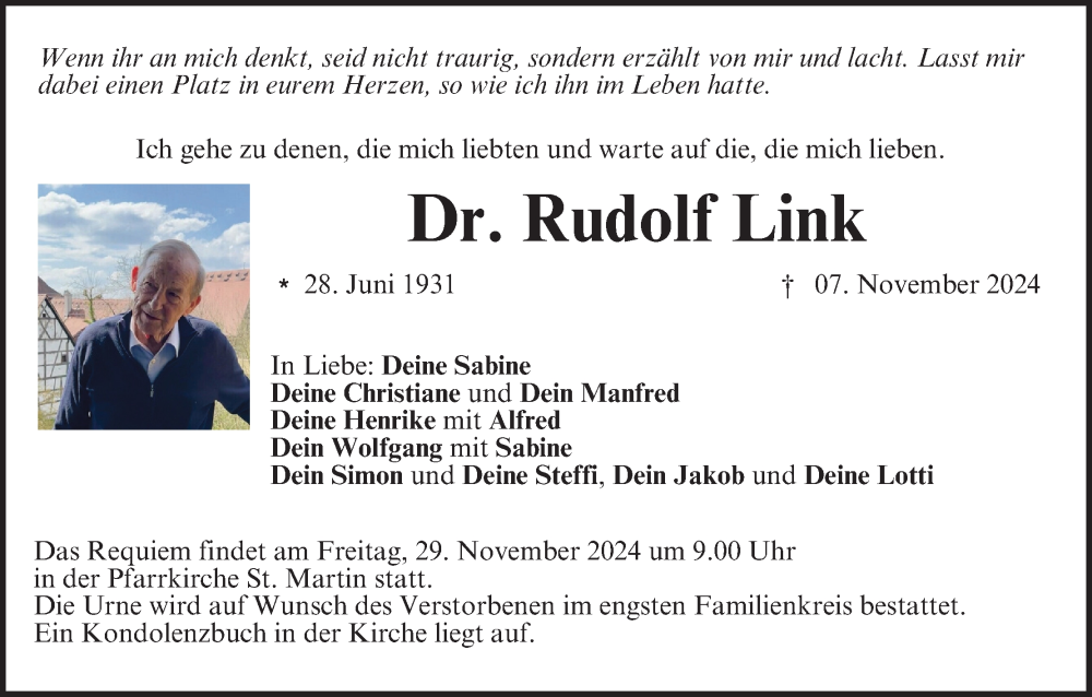  Traueranzeige für Rudolf Link vom 23.11.2024 aus MGO