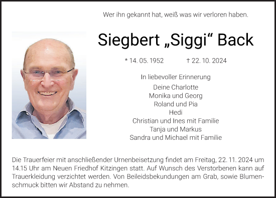 Anzeige von Siegbert Back von MGO