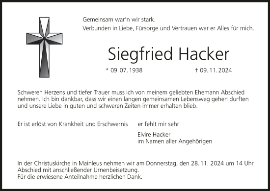 Anzeige von Siegfried Hacker von MGO