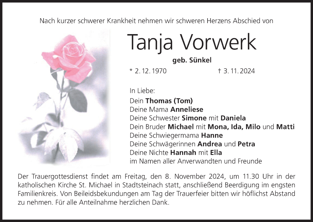  Traueranzeige für Tanja Vorwerk vom 06.11.2024 aus MGO