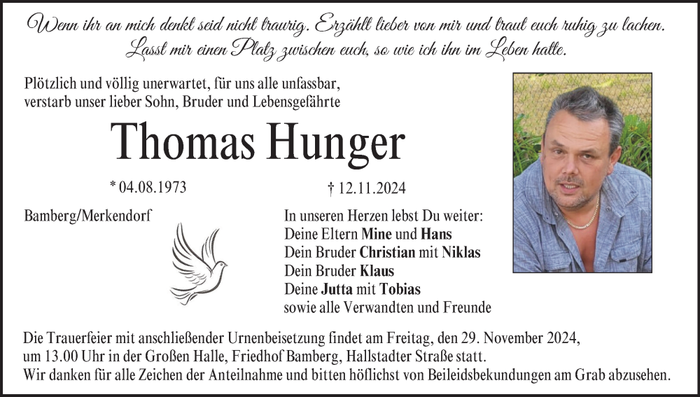  Traueranzeige für Thomas Hunger vom 23.11.2024 aus MGO