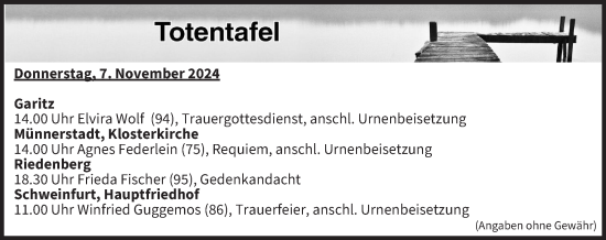 Anzeige von Totentafel vom 07.11.2024 von MGO