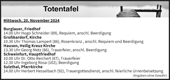 Anzeige von Totentafel vom 20.11.2024 von MGO