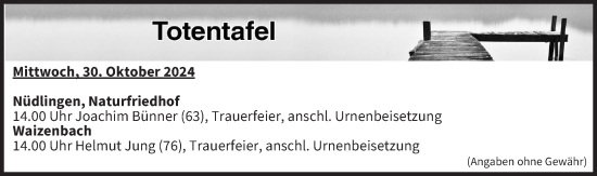 Anzeige von Totentafel vom 30.10.2024 von MGO
