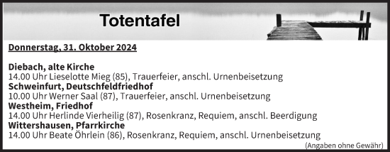 Anzeige von Totentafel vom 31.10.2024 von MGO