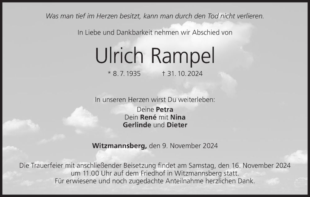  Traueranzeige für Ulrich Rampel vom 09.11.2024 aus MGO