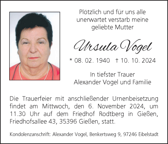 Anzeige von Ursula Vogel von MGO