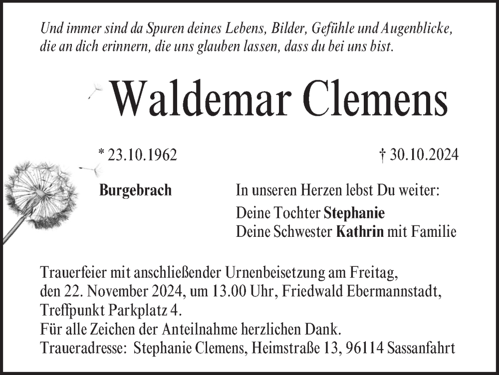  Traueranzeige für Waldemar Clemens vom 16.11.2024 aus MGO