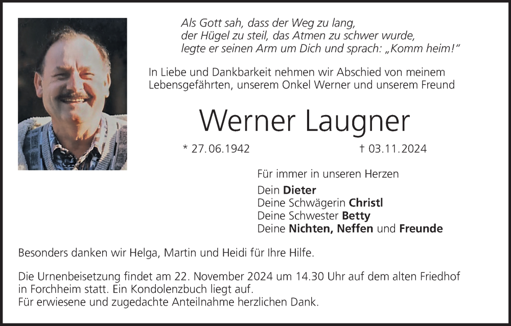  Traueranzeige für Werner Laugner vom 16.11.2024 aus MGO