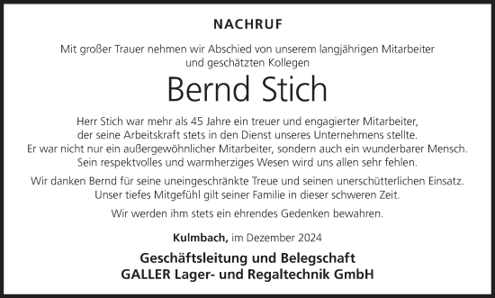 Anzeige von Bernd Stich von MGO