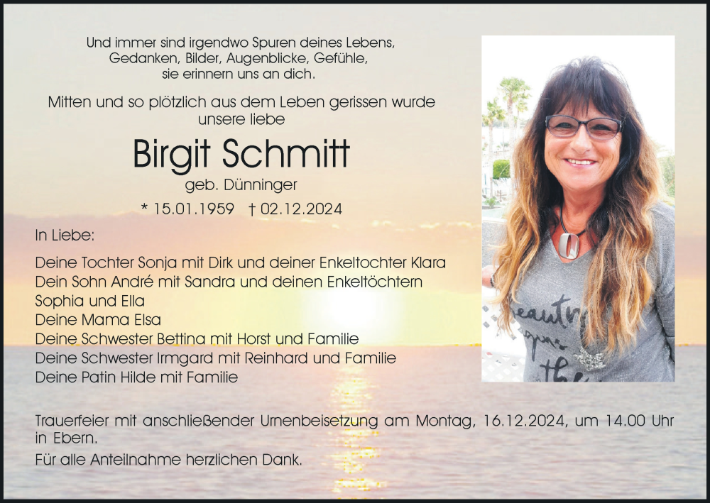  Traueranzeige für Birgit Schmitt vom 11.12.2024 aus MGO