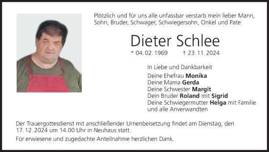 Anzeige von Dieter Schlee von MGO