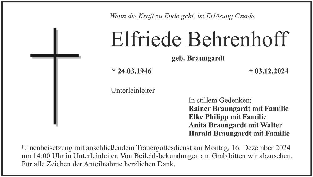  Traueranzeige für Elfriede Behrenhoff vom 11.12.2024 aus MGO