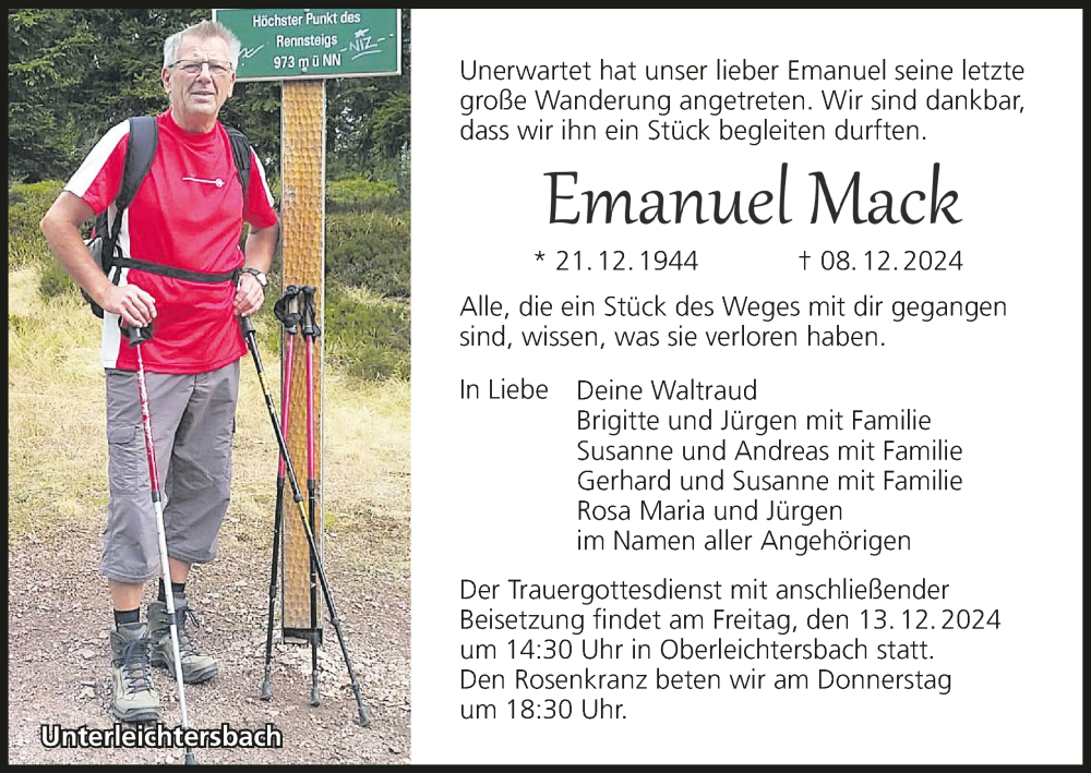  Traueranzeige für Emanuel Mack vom 11.12.2024 aus MGO