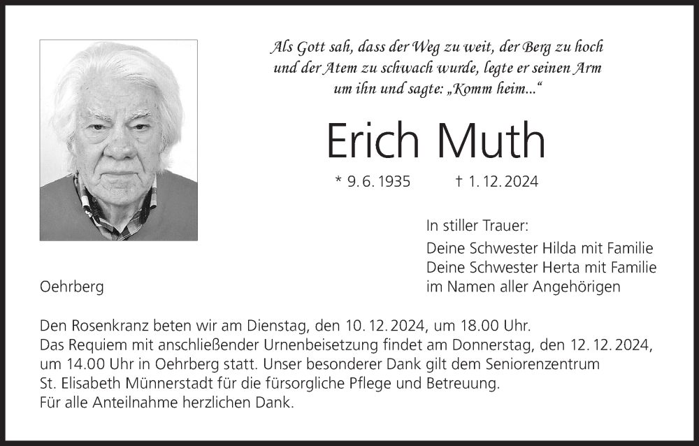  Traueranzeige für Erich Muth vom 07.12.2024 aus MGO