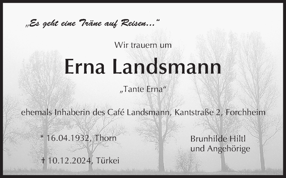  Traueranzeige für Erna Landsmann vom 11.12.2024 aus MGO