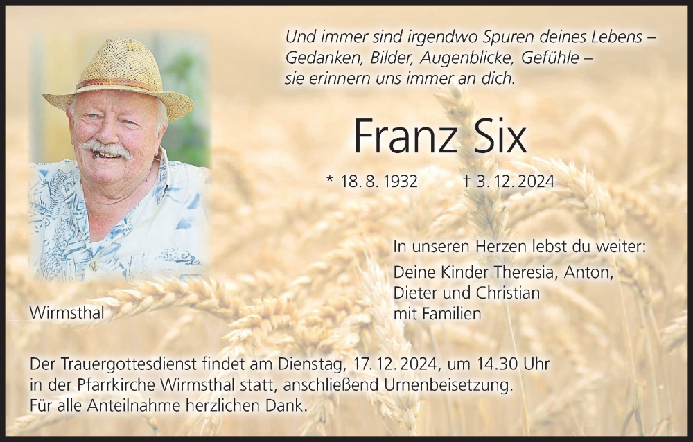  Traueranzeige für Franz Six vom 07.12.2024 aus MGO