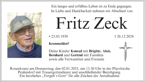 Anzeige von Fritz Zeck von MGO