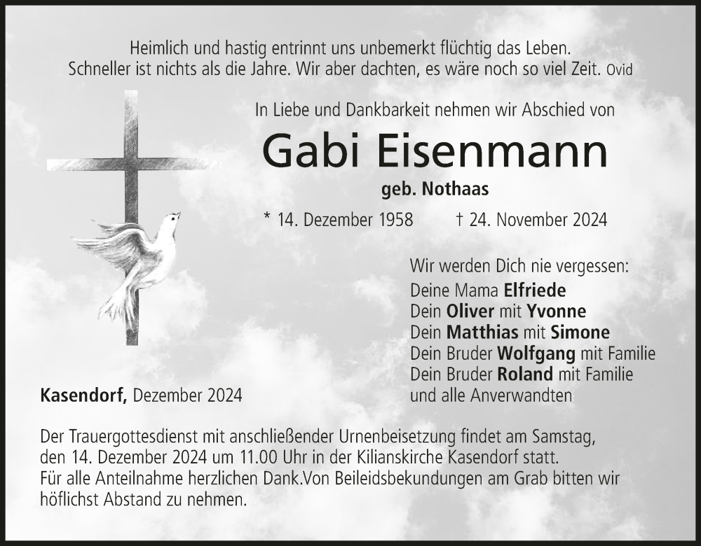  Traueranzeige für Gabi Eisenmann vom 07.12.2024 aus MGO