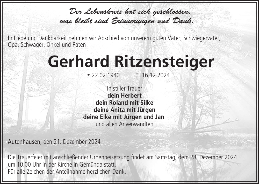  Traueranzeige für Gerhard Ritzensteiger vom 21.12.2024 aus MGO