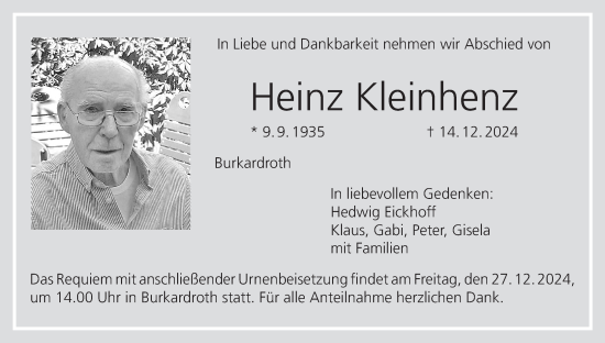 Anzeige von Heinz Kleinhenz von MGO