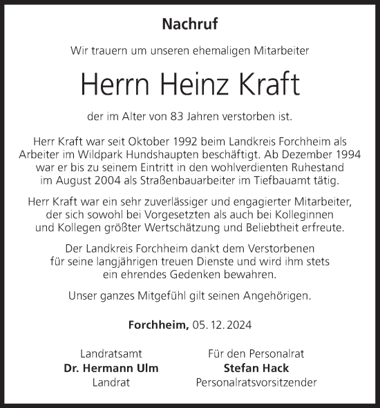 Anzeige von Heinz Kraft von MGO