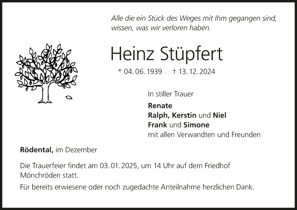  Traueranzeige für Heinz Stüpfert vom 28.12.2024 aus MGO