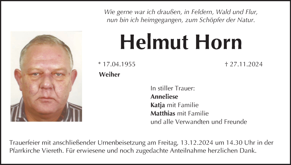  Traueranzeige für Helmut Horn vom 07.12.2024 aus MGO