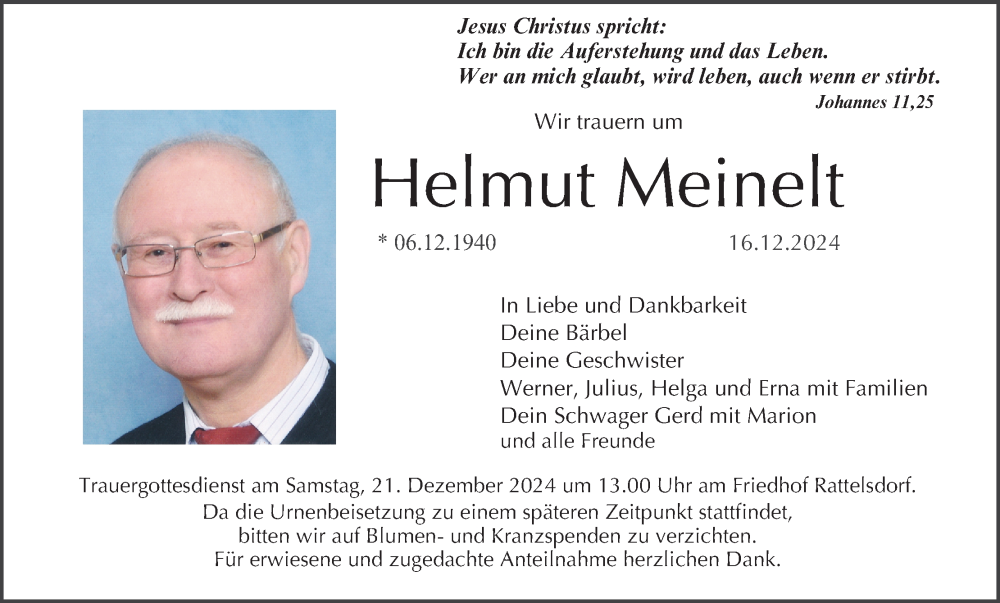  Traueranzeige für Helmut Meinelt vom 18.12.2024 aus MGO