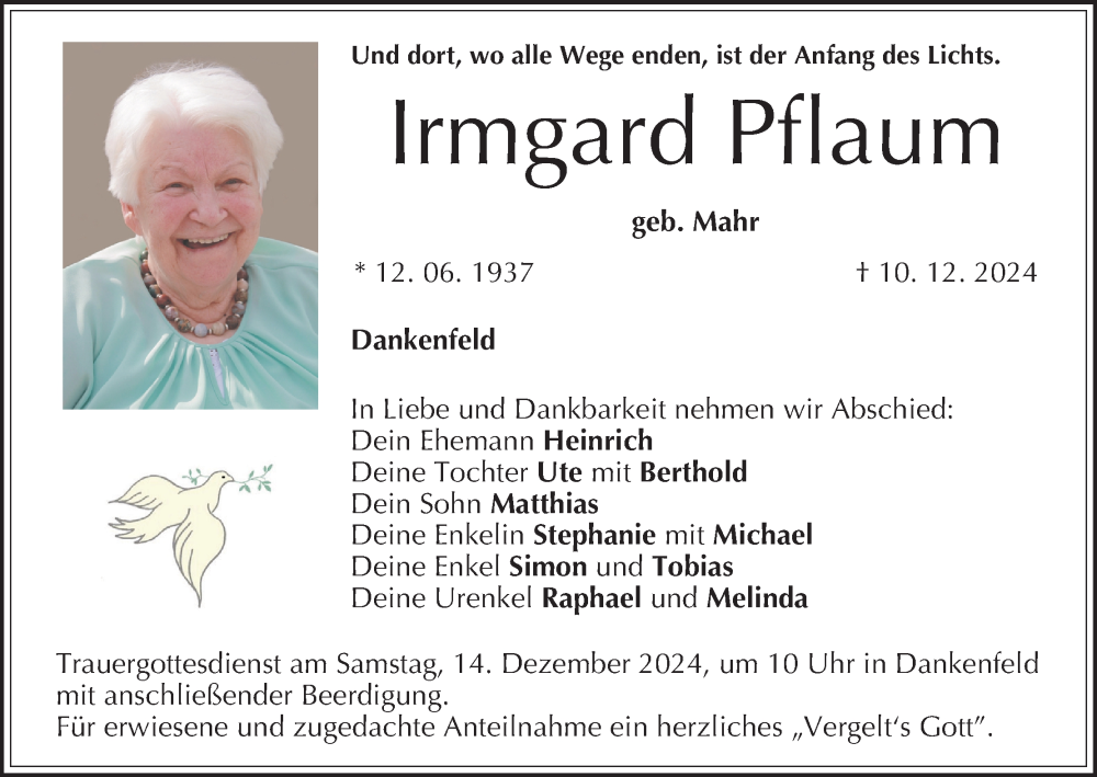  Traueranzeige für Irmgard Pflaum vom 12.12.2024 aus MGO