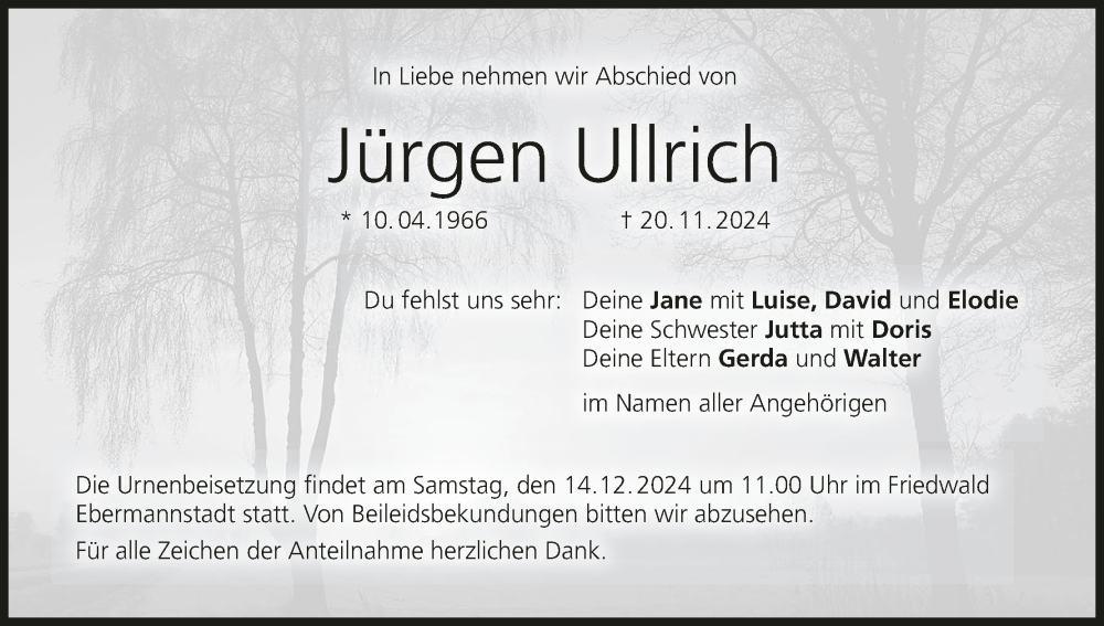  Traueranzeige für Jürgen Ullrich vom 07.12.2024 aus MGO