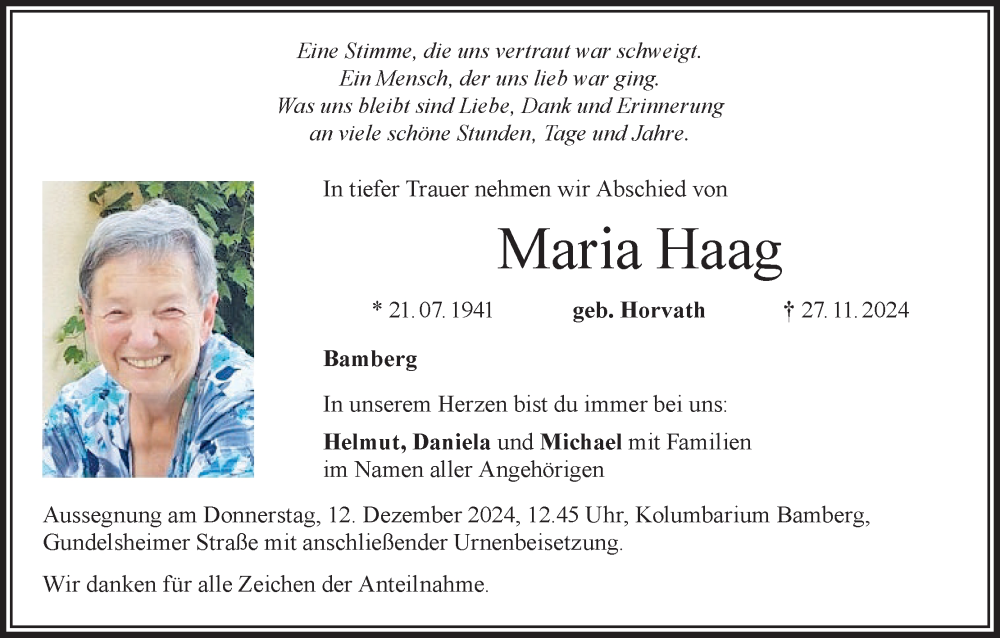  Traueranzeige für Maria Haag vom 07.12.2024 aus MGO