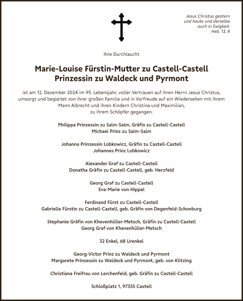  Traueranzeige für Marie-Louise Fürstin-Mutter zu Castell-Castell vom 20.12.2024 aus MGO