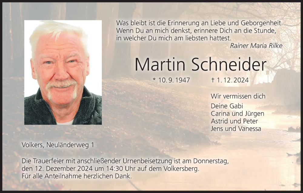  Traueranzeige für Martin Schneider vom 07.12.2024 aus MGO