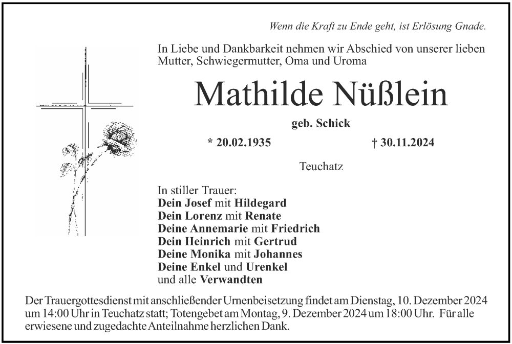  Traueranzeige für Mathilde Nüßlein vom 07.12.2024 aus MGO