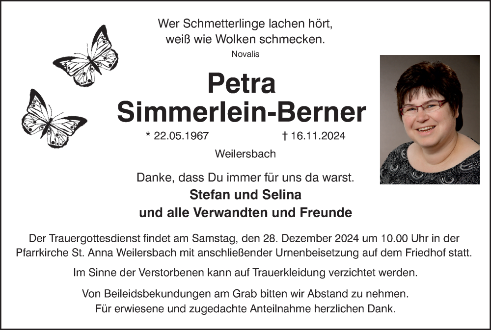  Traueranzeige für Petra Simmerlein-Berner vom 21.12.2024 aus MGO