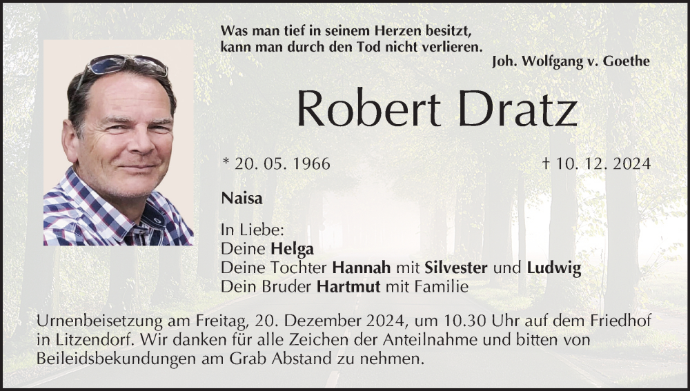  Traueranzeige für Robert Dratz vom 14.12.2024 aus MGO