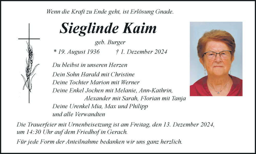  Traueranzeige für Sieglinde Kaim vom 07.12.2024 aus MGO