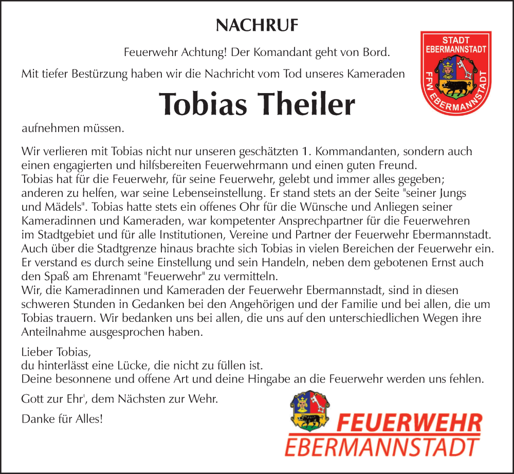  Traueranzeige für Tobias Theiler vom 13.12.2024 aus MGO