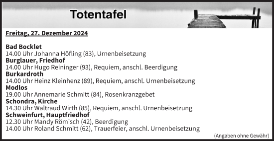 Anzeige von Totentafel vom 27.12.2024 von MGO