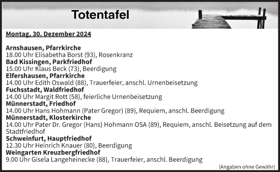 Anzeige von Totentafel vom 30.12.2024 von MGO