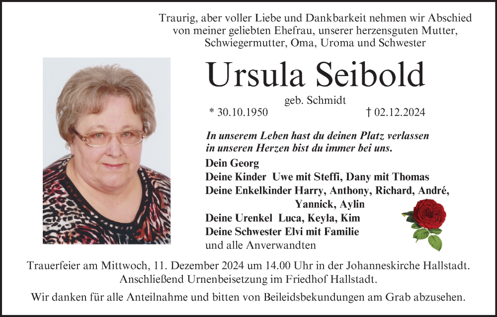  Traueranzeige für Ursula Seibold vom 07.12.2024 aus MGO