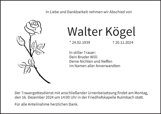 Anzeige von Walter Kögel von MGO