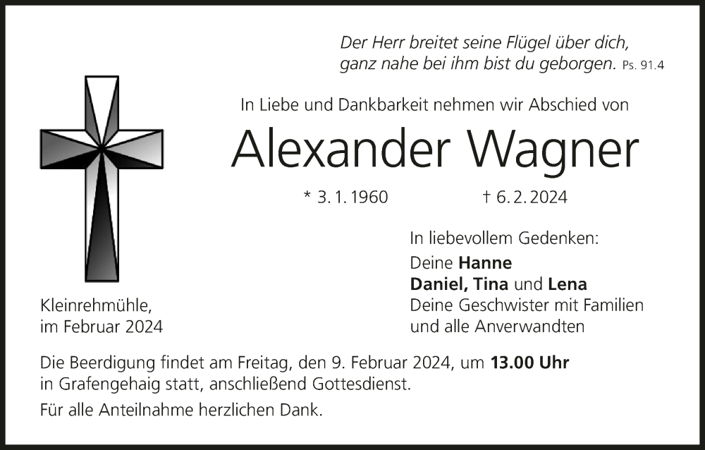  Traueranzeige für Alexander Wagner vom 08.02.2024 aus MGO