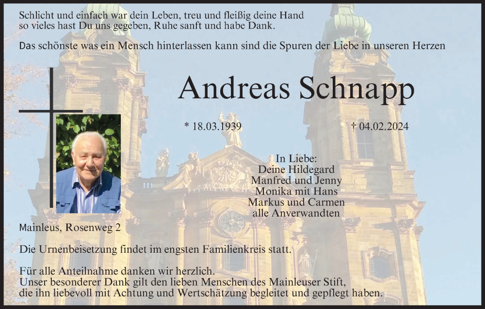  Traueranzeige für Andreas Schnapp vom 10.02.2024 aus MGO