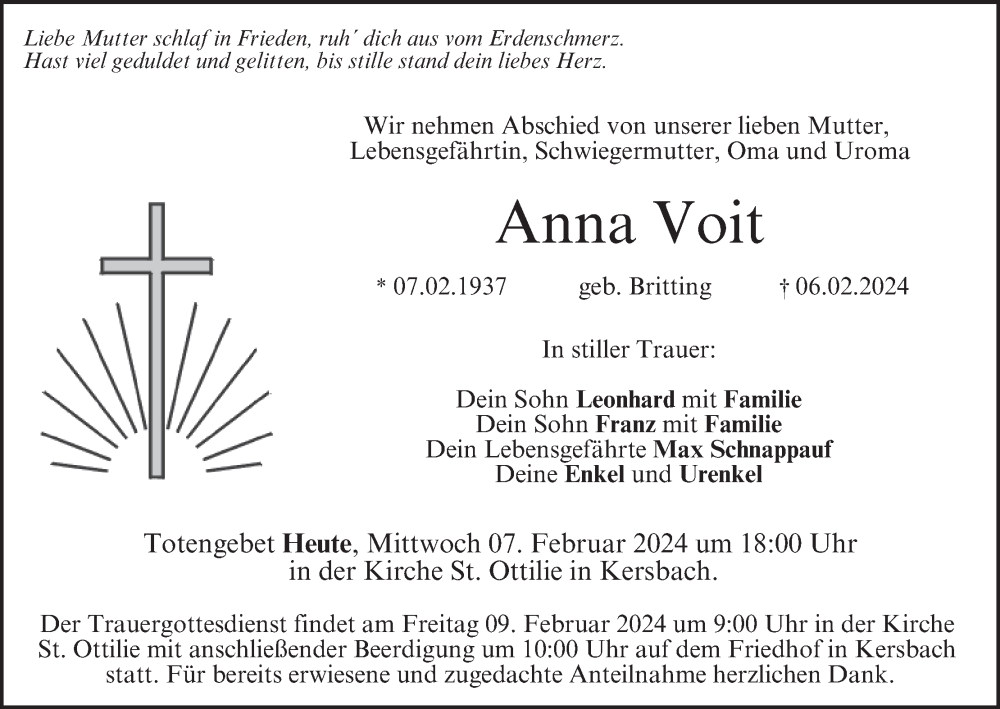  Traueranzeige für Anna Voit vom 07.02.2024 aus MGO