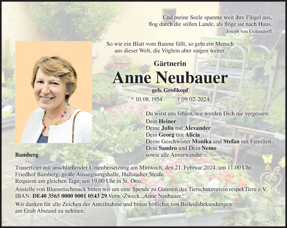  Traueranzeige für Anne Neubauer vom 17.02.2024 aus MGO