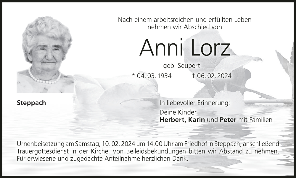  Traueranzeige für Anni Lorz vom 08.02.2024 aus MGO