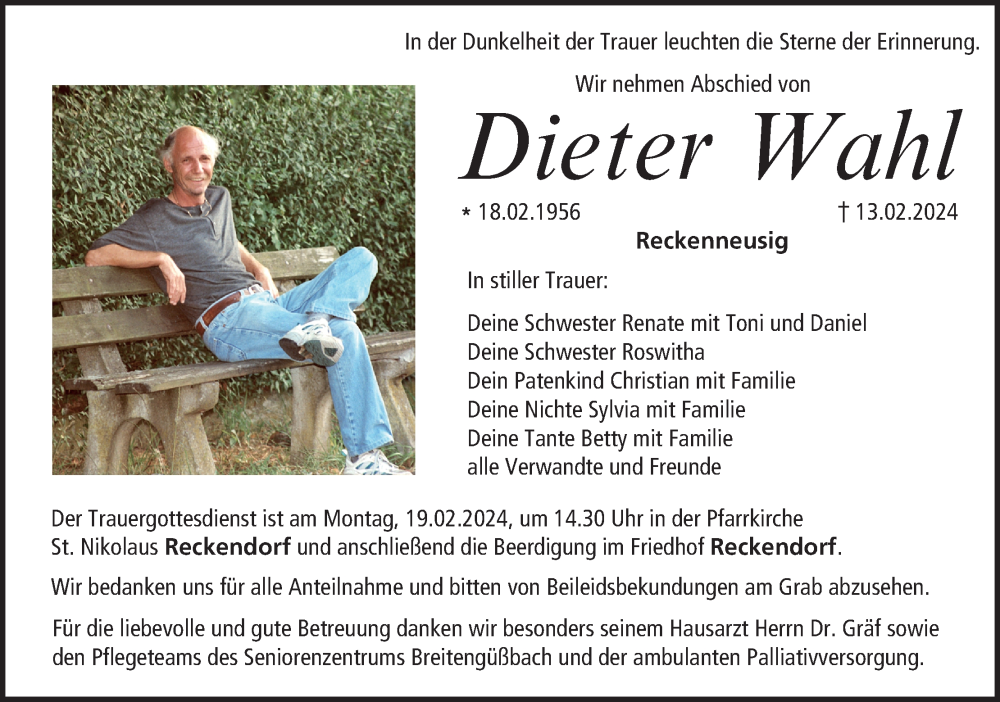  Traueranzeige für Dieter Wahl vom 17.02.2024 aus MGO