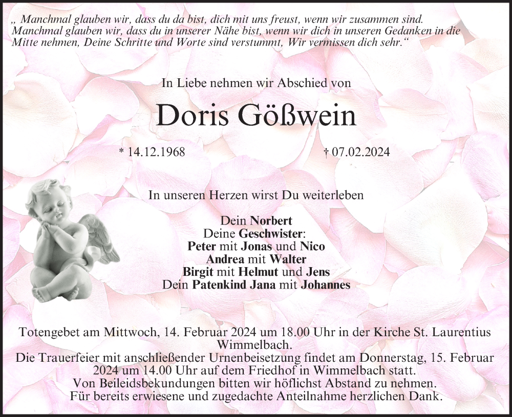  Traueranzeige für Doris Gößwein vom 10.02.2024 aus MGO